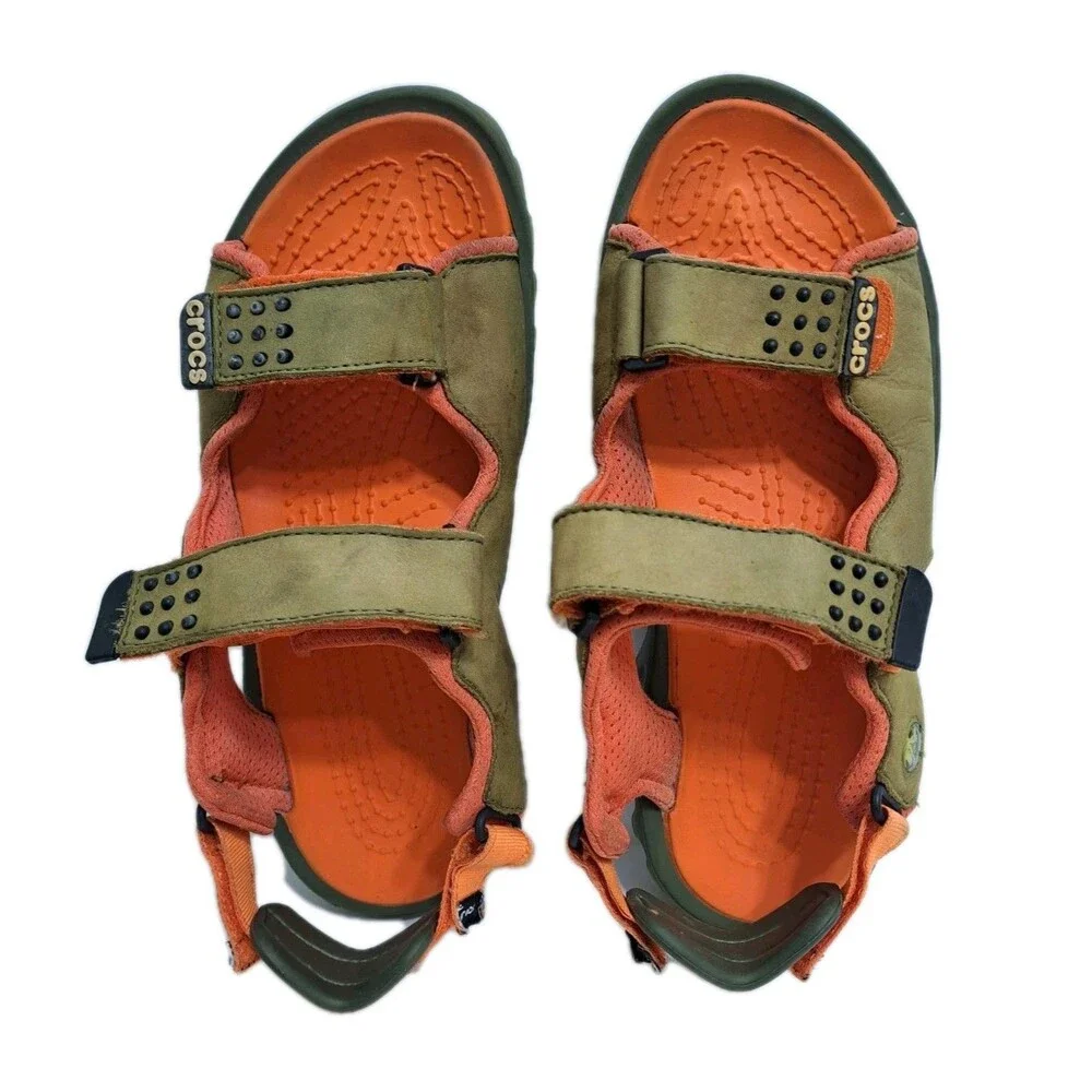 Crocs Tikali Mens 12 Suede Slip On Adjustable Sandals Trail Orange Green Straps